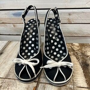 Vintage Rebels Black Canvas Slingback Block Heel Platform Sandal Bow Polka Dot 6